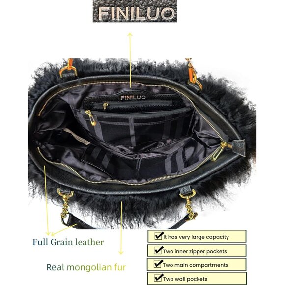 Black Fur Tote Bag Curly Lamb Hair Plush Large with Leather Handles - Picture 5 of 8